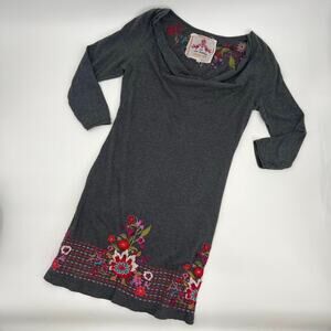 Johnny Was Gray Cotton Cowl Neck Embroidered Dress Floral Midi Small